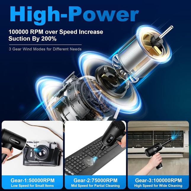 Electric Air Duster – 100,000RPM, 3-Gear Adjustable, LED Light, Cordless, Black