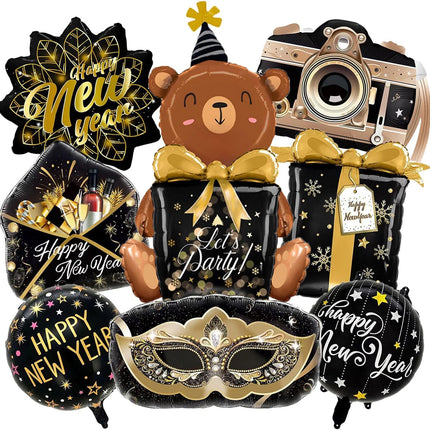8-Piece NYE Party Balloons – Happy New Year 2026 Large Foil Decorations