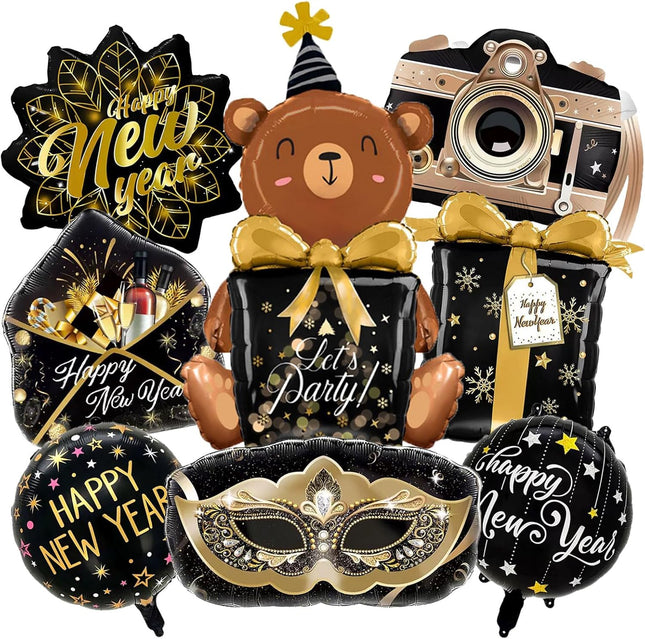 8-Piece NYE Party Balloons – Happy New Year 2026 Large Foil Decorations