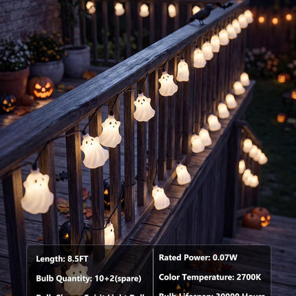 8.5FT Halloween Ghost String Lights, 10 White Ghosts, Waterproof Indoor Outdoor Decor