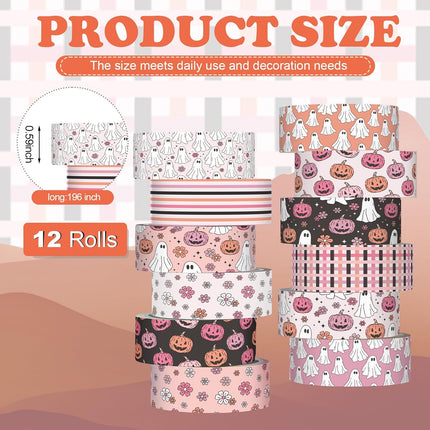 12-Roll Pink Halloween Washi Tape Set, Ghost Pumpkin Floral Scrapbook Craft Tape
