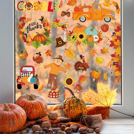 Fall Thanksgiving Window Stickers 145pcs, Pumpkin & Leaves Window Decor