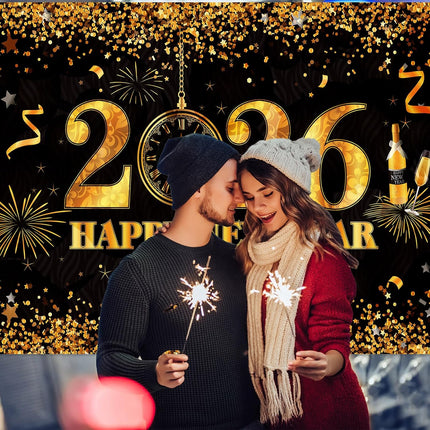 Happy New Year 2026 Photo Booth Backdrop – 72.8×43.3in Party Decor