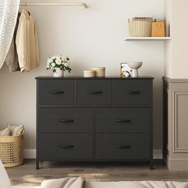 Black Dresser with 7 Fabric Drawers, Steel Frame and Wooden Top Storage Organizer