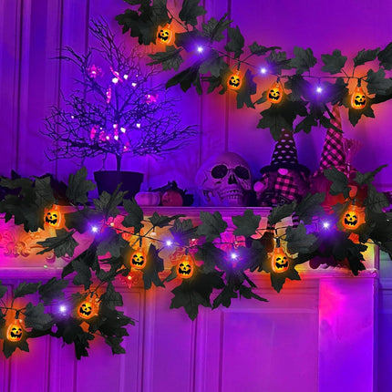 2-Pack 13FT Halloween Maple Leaf Garland, 40 LED Pumpkin Lights, Timer, Mantel Decor