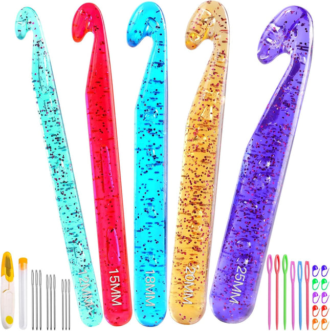 5 Piece Large Crochet Hook Set 12mm-25mm, Transparent Crystal Hooks for Chunky Yarn