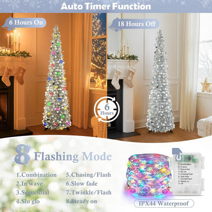 5FT Silver Christmas Pop-Up Tree LED Lights, Timer, Glitter Pencil Tree Decor