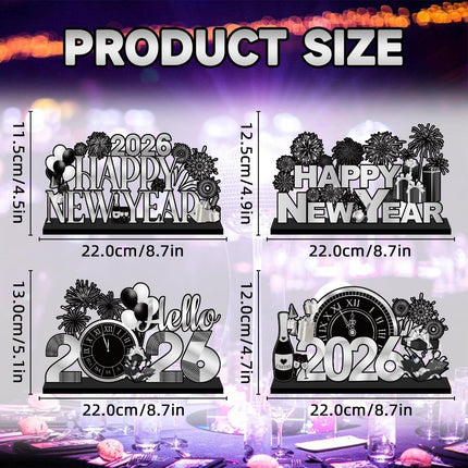 4-Piece NYE Wooden Table Decorations – Black & Silver 2026 Party Centerpieces