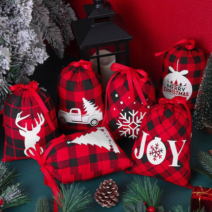 24 Pcs Buffalo Plaid Christmas Drawstring Bags – Cotton Holiday Gift Wrapping Bags