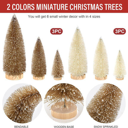 6PCS Mini Christmas Trees – Small Bottle Brush Trees with Wooden Base, Artificial Holiday Decor