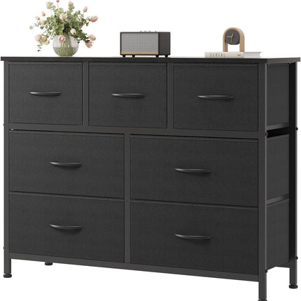 Black Dresser with 7 Fabric Drawers, Steel Frame and Wooden Top Storage Organizer