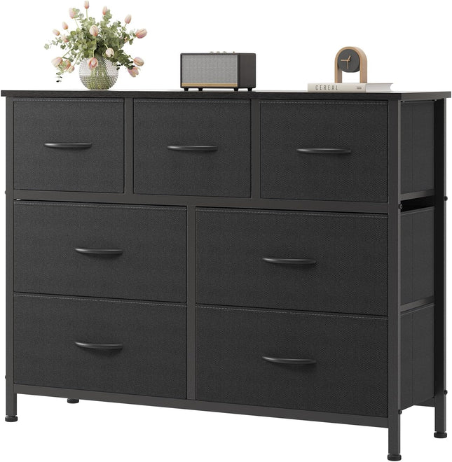 Black Dresser with 7 Fabric Drawers, Steel Frame and Wooden Top Storage Organizer