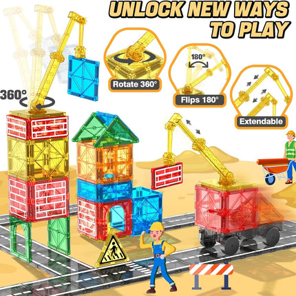 Magnetic Tiles Road Building Blocks & Crane Car Set for Kids 3+