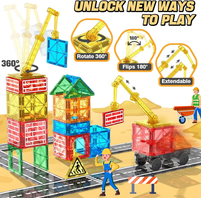 Magnetic Tiles Road Building Blocks & Crane Car Set for Kids 3+
