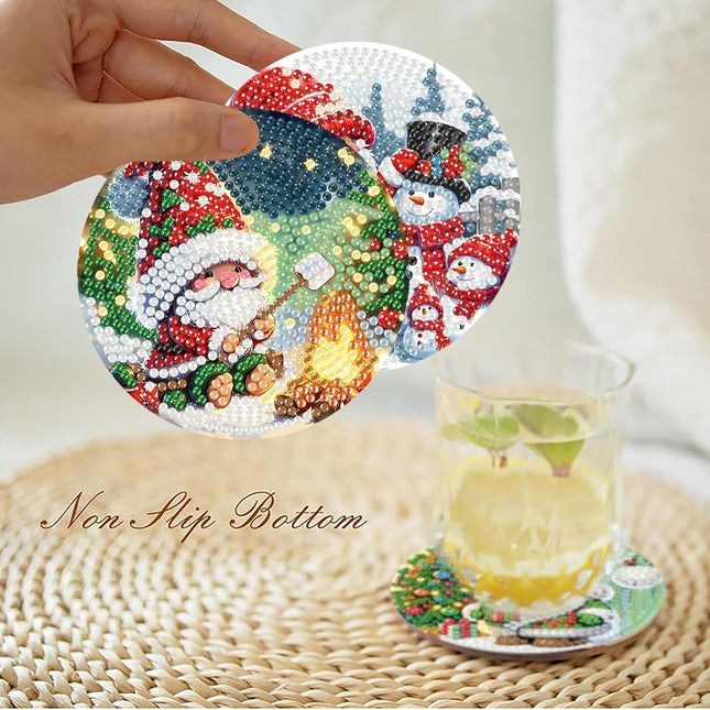 8PCS DIY Christmas Coasters – Diamond Art Santa Pinting Coasters with Holder