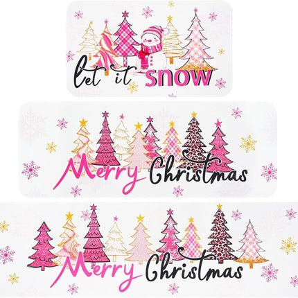 3 pcs Christmas Kitchen Rug Set Pink Tree & Snowman Washable Anti-Fatigue Mats