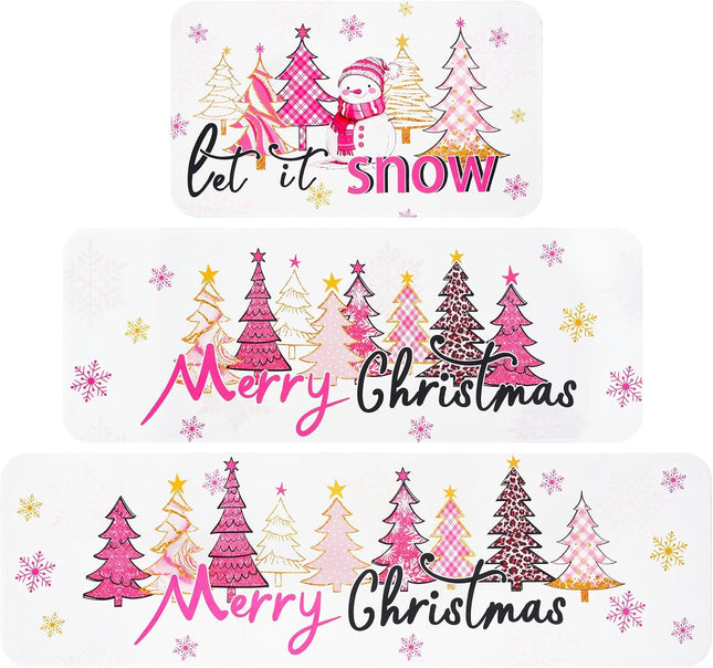 3 pcs Christmas Kitchen Rug Set Pink Tree & Snowman Washable Anti-Fatigue Mats