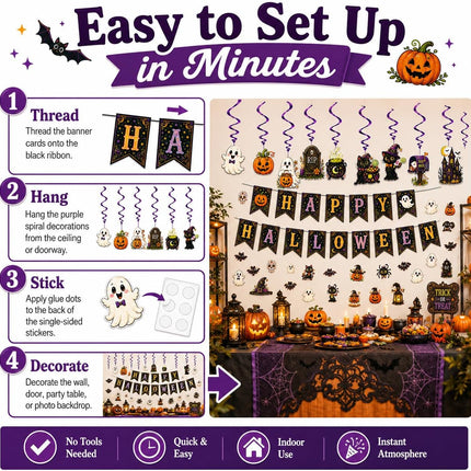 Halloween Party Decor Set, Happy Halloween Banner, Cutouts & Hanging Spirals