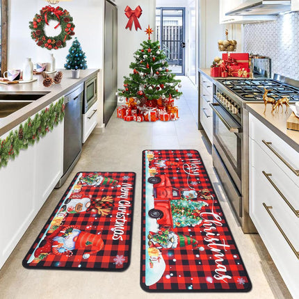 2-Pc Christmas Kitchen Mats Set, Buffalo Plaid & Gnome Truck, 17"x30" + 17"x47"