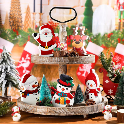 5PCS Christmas Snowman Decorations, Wooden Snowman Winter Tiered Tray Decor