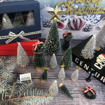 Miniature Christmas Pine Trees, Mini Bottle Brush Winter Trees for Tabletop Village Decor