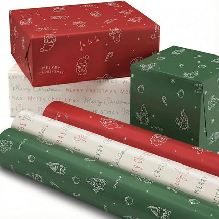 3 Pack Christmas Gift Wrapping Paper Rolls – 17"x120" Cute Holiday Designs