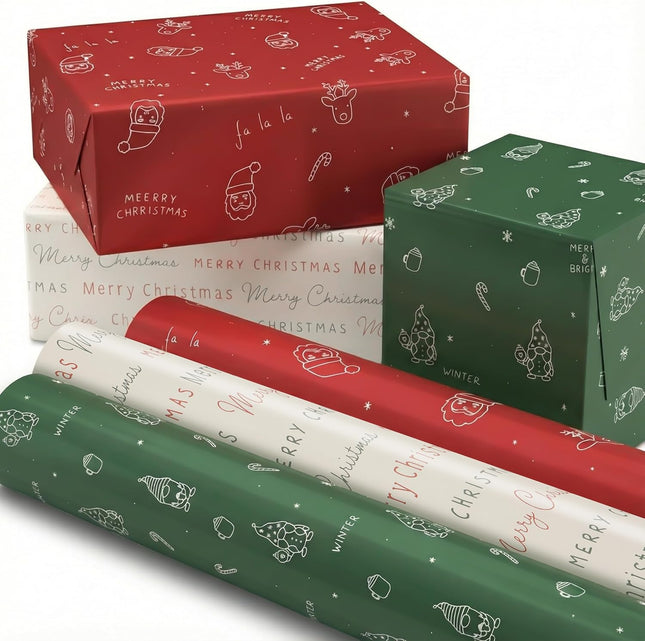 3 Pack Christmas Gift Wrapping Paper Rolls – 17"x120" Cute Holiday Designs