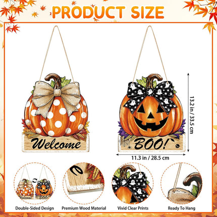 Reversible Fall Halloween Door Decor, Rustic Wooden Pumpkin Thanksgiving Hanging Sign