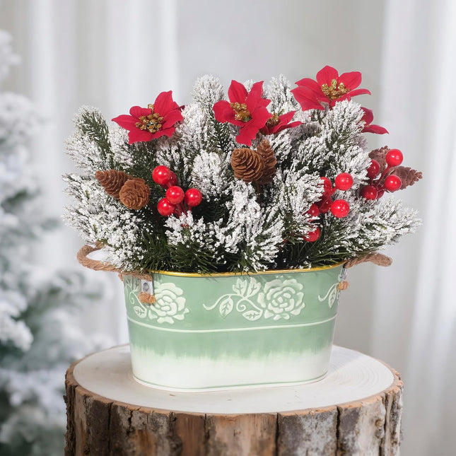 Christmas Table Centerpiece Artificial Poinsettias Pine Berries Pine Cones