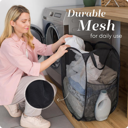 Collapsible Mesh Laundry Hamper with Side Pocket, Foldable Pop-Up Clothes Basket