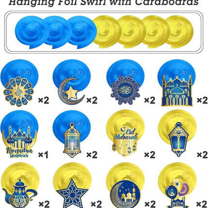 30-Piece Eid Ramadan Mubarak Decoration Set - Hanging Swirls, Stars, Moon & Lanterns