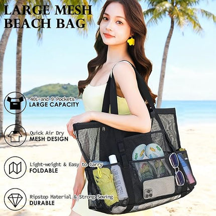 Large Mesh Beach Bag for Women Sandproof Pool & Toy Tote with Zipper Pocket Travel 2026