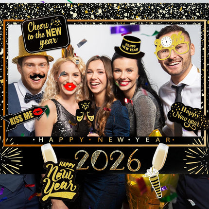 Happy New Year 2026 Photo Props with Frame – Gold Glitter NYE Party Kit