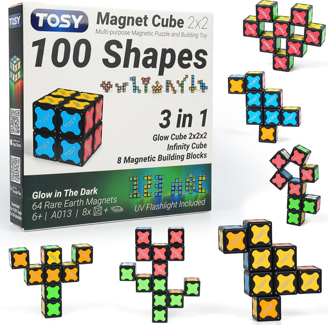 STEM Magnet Cube 2x2 – 2-in-1 Puzzle & Infinity Cube, Glow with UV Light