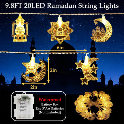 Ramadan String Lights: 9.8ft, 20 LEDs, Moon Star, Remote Control, 8 Modes