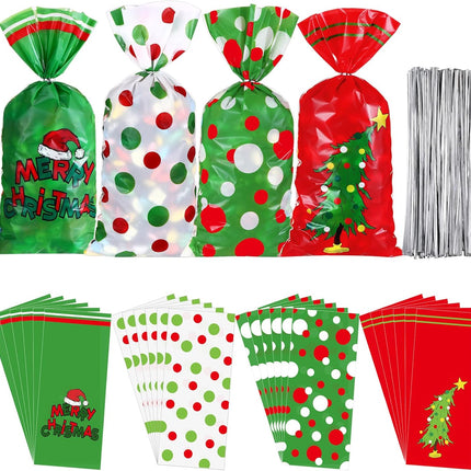 100 PCS Christmas Cellophane Treat Bags with 150 Twist Ties – Red & Green