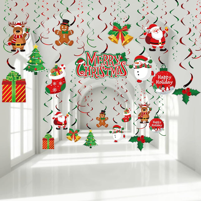 30-Piece Christmas Swirl Hanging Decorations Set – Snowman, Elk & Holiday Sign Decor