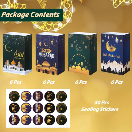 24PCS Eid Mubarak Treat Bags with Stickers 4 Patterns Ramadan Party Favors