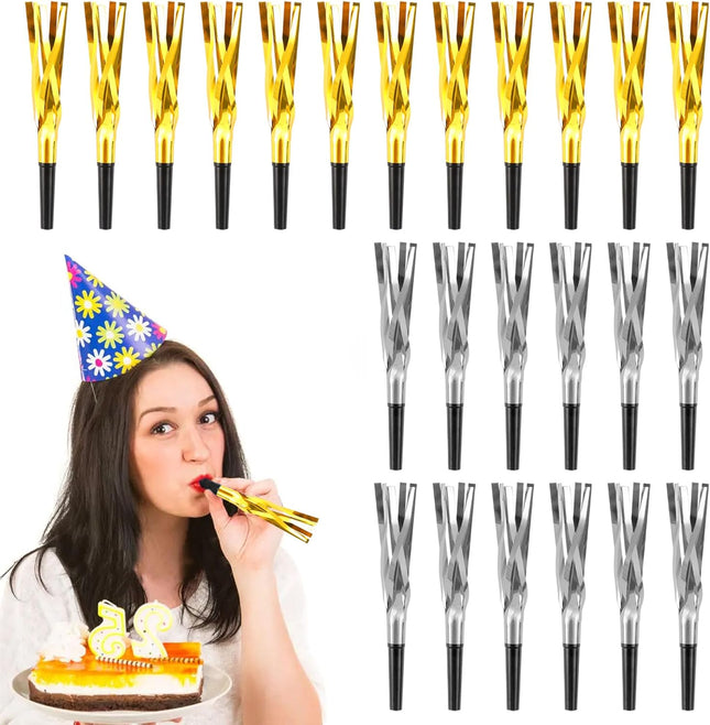 24-Piece New Year’s Eve Noise Makers – Gold & Silver Party Blowers Set