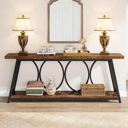 Rustic Brown Console Table, 2-Tier Storage, Narrow Entryway Sofa Table
