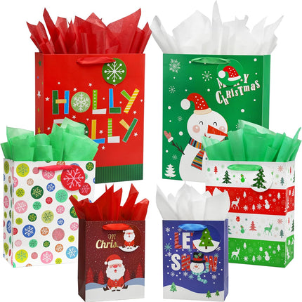 6 Pack Christmas Gift Bags with Tissue Paper Assorted Sizes and Designs