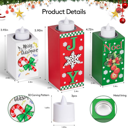 3 PCS Wood Candle Holders with LED Tea Lights, 3D Carved Xmas Centerpieces