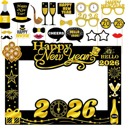 20-Piece Happy New Year 2026 Photo Booth Props – Black & Gold Set