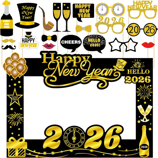 20-Piece Happy New Year 2026 Photo Booth Props – Black & Gold Set