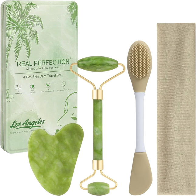 Real Perfection Gua Sha & Jade Roller Set – Reduce Puffiness, Wrinkles, Green