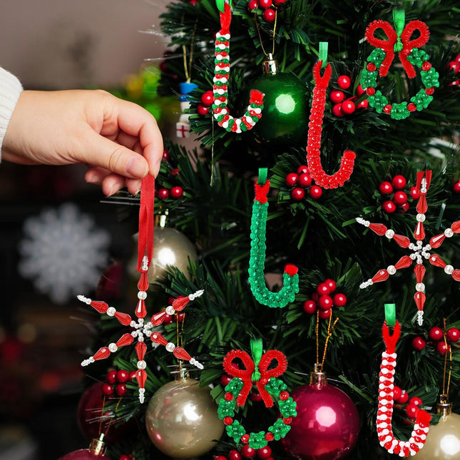 30PCS Christmas Beaded Ornament Kit – DIY Snowflake, Wreath & Candy Cane