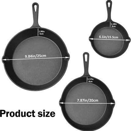 Cast Iron Skillet Set of 3, Pre-Seasoned 6", 8", 10" Frying Pans for Stove Oven