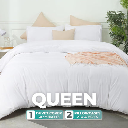 3-Piece Queen Duvet Cover Set, Soft Brushed Microfiber, Zipper, 2 Pillowcases, White