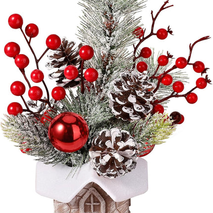 Small Christmas Tree with Snow Tabletop Decor with Ornaments, Pine & Berry