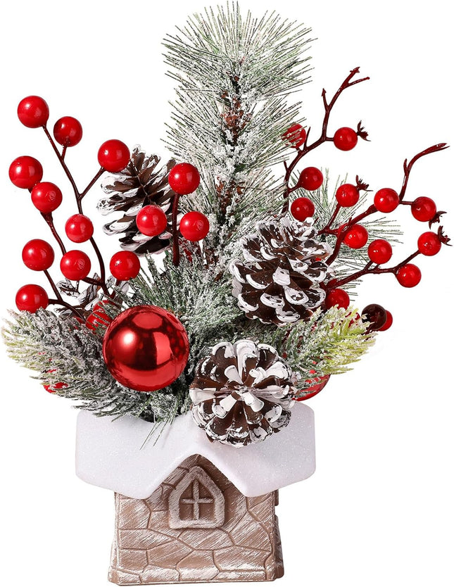 Small Christmas Tree with Snow Tabletop Decor with Ornaments, Pine & Berry